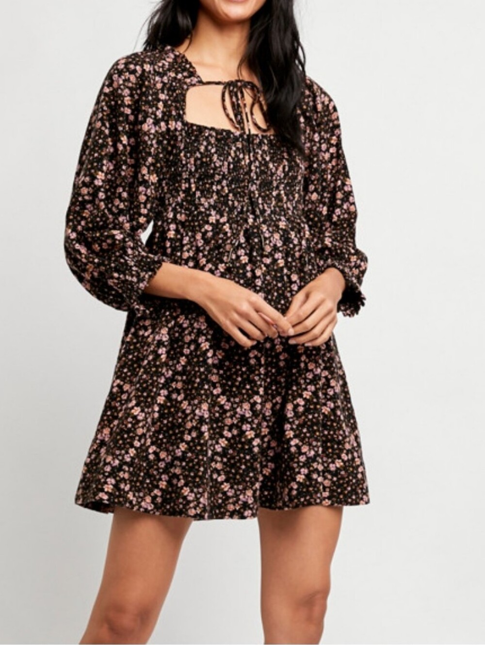 Free People Black Mini Dress with Pink Floral Print XS